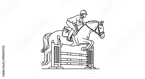 Horse rider jumping fence equestrian sport line drawing