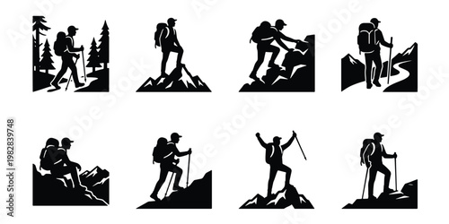 Hiking silhouette icons set, mountain climber and backpacker vector graphics, 8 outdoor adventure trekking symbols for travel and camping design
