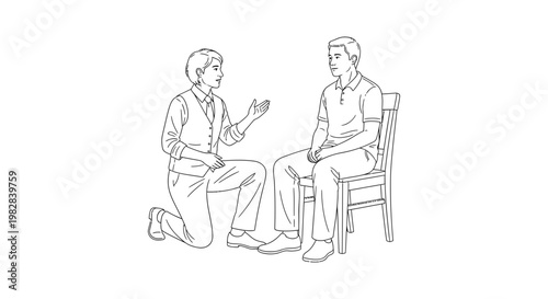 Woman listening to man proposing on one knee line drawing