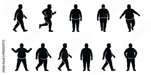 Overweight man silhouettes in various poses, set of 11 obese male body figures, fat person walking and running vector icons for health and fitness