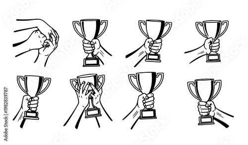 Champion trophy hand holding icon set vector with winner cup sketch in black and white line style