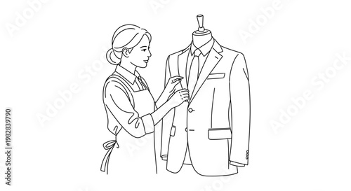 Seamstress measuring suit on mannequin sketch illustration