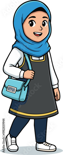 Student Girl Wearing a Blue Hijab Walking Happily to School with Her Shoulder Bag