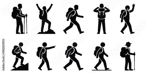 Hiking silhouette icons set, 10 backpacker stick figures walking and trekking, outdoor adventure traveler symbols for mountain climbing and camping
