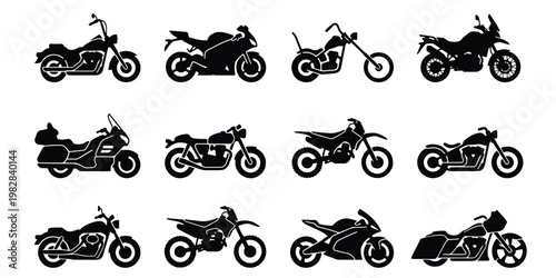 Motorcycle silhouette collection with 12 vector icons, diverse motorbike types including chopper, sportbike, and dirt bike, black transport symbols