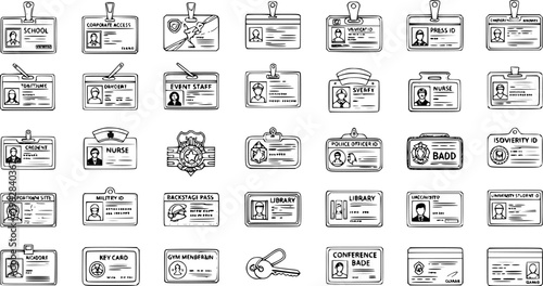 Hand-drawn collection of various identification cards, badges, and access passes. Vector line art icons including school, corporate, event, nurse, police, library, student, and gym IDs.