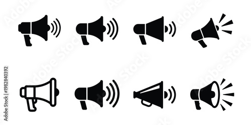 Megaphone icon set with 8 black vector elements, loudspeaker symbols for marketing and communication, bullhorn announcement signs for advertising
