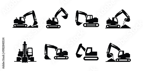 Excavator icon set with 8 black vector silhouettes, heavy construction machinery symbols, industrial digging equipment for building site signage