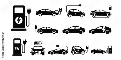 Electric vehicle charging icons set, black EV car silhouettes with charger stations, eco friendly transport vector elements for sustainable energy