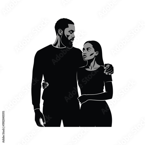 Couple in love with arm around woman looking at man while man looks forward on white background.