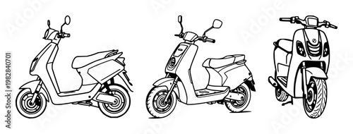 Electric scooter set with clean minimalist art featuring modern urban mobility, sustainable transport, ecological vehicle with renewable energy and personal transportation