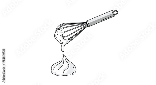 A shiny metal wire whisk holds a thick dollop of white cream that slowly drips down toward another pristine peak of whipped cream below it in midair.
