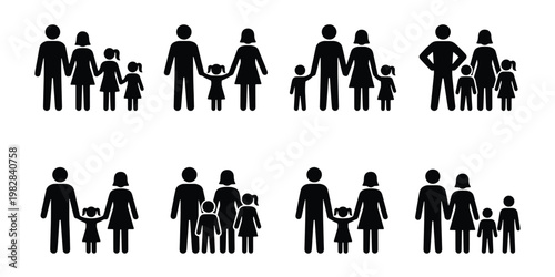 Family silhouette icon set, black stick figure family collection with parents and children, 8 vector groups of diverse family units for infographics