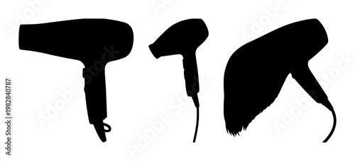 Hairdryer set with sleek silhouette design featuring hair dryer, appliance, beauty with monochrome and minimalism in vector illustration