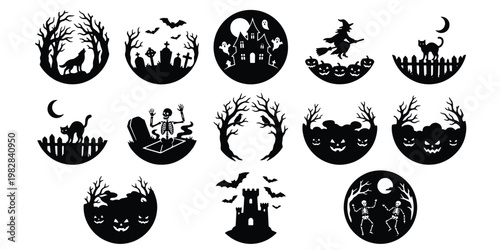 Halloween silhouette vector icons set, spooky holiday circular emblems with haunted house and pumpkins, 13 black graveyard and witch elements