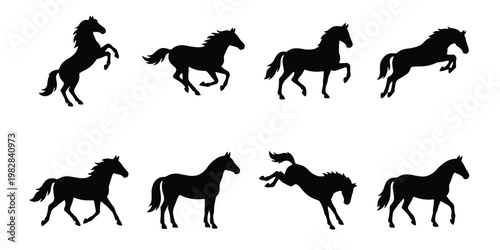 Black horse silhouette collection, set of 8 stallion vector icons, wild mustang running and jumping poses, equestrian sport graphic elements