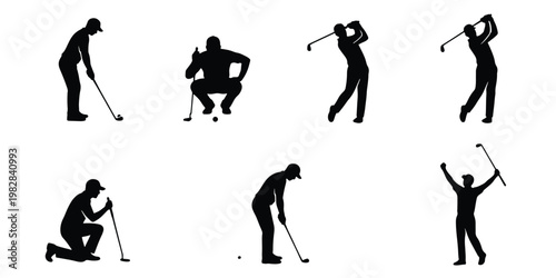 Golf player silhouettes set, professional golfer swinging club and putting ball, 7 black vector icons of male athletes on white background
