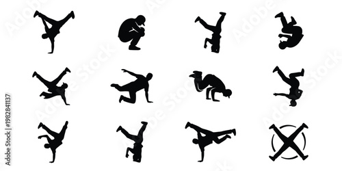 Breakdance silhouette collection of 12 vector elements, hip hop dancer performing acrobatic moves, urban street dance poses in black and white