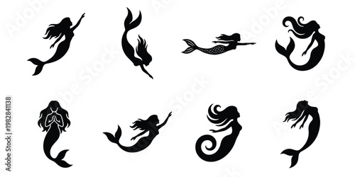 Mermaid silhouette set with 8 vector icons, mythical sea creature swimming poses, black siren character silhouettes for nautical design