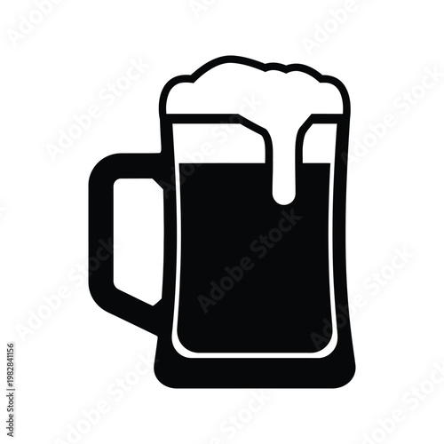 Tall glass of beer with overflowing foam, isolated on white background, simple black and white illustration for design.