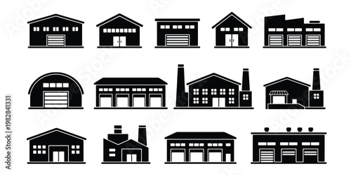 Industrial warehouse icons set, black factory building silhouettes, 14 vector storage and distribution center symbols for logistics and manufacturing