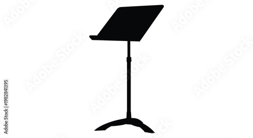 A stark black music stand presentation against a white background silhouette