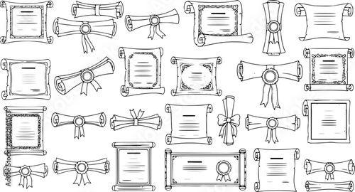Hand drawn outline set of vintage scroll and diploma icons. Sketch collection of antique paper, parchment certificates and ancient documents with ribbons, frames and seals.