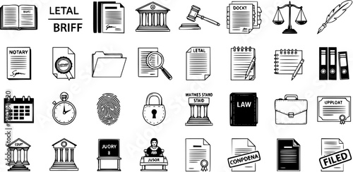 Comprehensive Legal  Justice Icons Set: Black and White Line Art Vector Collection for Law Court, Business, Documents, and Related Concepts