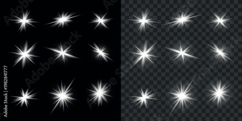A collection of bright white starbursts and sparkles displayed on both black and gray backgrounds high-quality professional