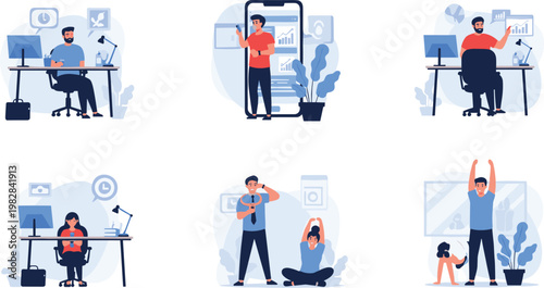 Professional Business People Character Set for Modern Office Workflow, Data Analytics, Corporate Wellness, Stretching Exercises, and Productive Remote Work in Flat Vector Style