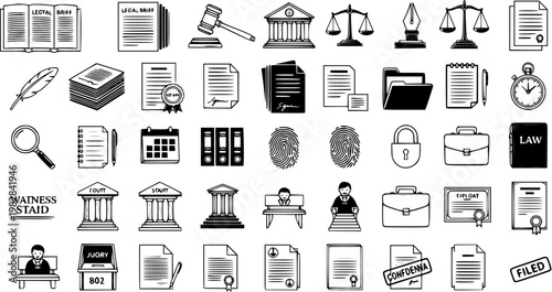 Law and Justice System Vector Icons Set: Court, Legal Documents, Crime, and Investigation Symbols