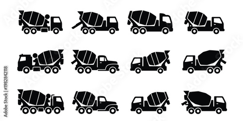 Concrete mixer truck icons set, industrial cement mixer vehicle silhouettes, 12 heavy construction machinery vector elements for logistics and building