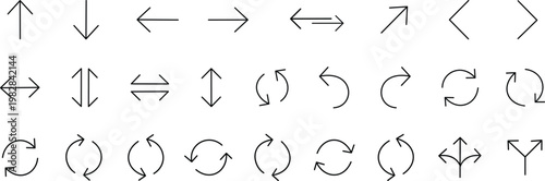 set of black line arrow icons and directional arrows isolated on transparent background for navigation and interface design