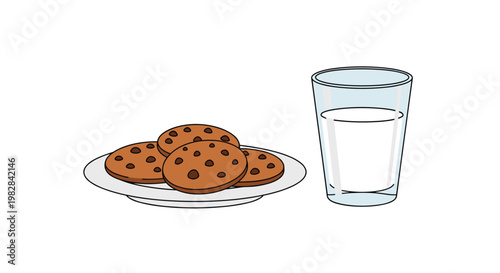 A simple white ceramic plate filled with several delicious chocolate chip cookies is positioned neatly next to a tall clear glass of cold white milk.