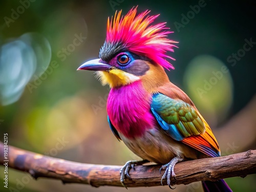 Vibrant Pink Crested Bird on Branch, Exotic Avian Wildlife Photography