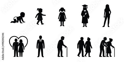 Human life cycle silhouettes, aging process from baby to elderly people, 10 vector icons showing stages of growth and development