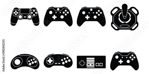 Video game controller icon set, black silhouette gaming gamepads and joystick vectors, 8 retro and modern console gaming elements for UI design