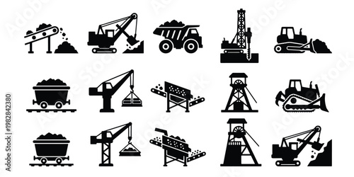 Industrial mining icons set, heavy machinery and coal extraction equipment vectors, black silhouette quarrying and excavation symbols for infographics