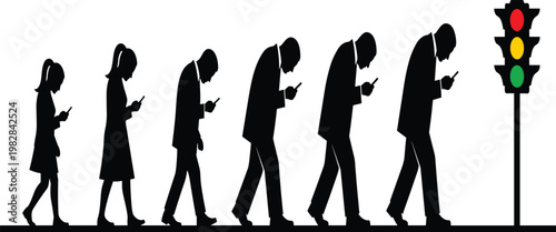 People Walking While Using Smartphones Silhouette Illustration Featuring Mobile Addiction, Social Media Distraction, Pedestrian Behavior, and Traffic Light Concept in Minimal Vector Style.