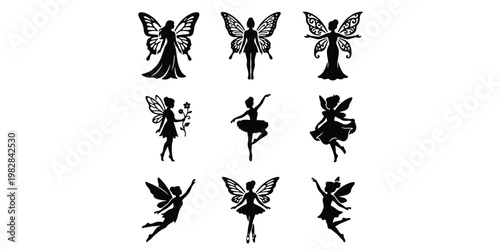 Fairy silhouette vector set, mythical forest creatures with butterfly wings, 9 black fantasy fairy icons for laser cutting and vinyl decals