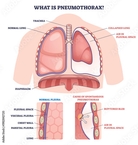 Pneumothorax overview shows air in pleural space collapsing one lung, key objects, lung, pleural space, ruptured bleb. Outline diagram