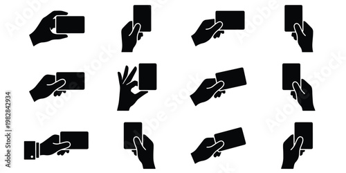 Black silhouette hand holding card icons, set of 12 vector hand gestures with credit cards, business card presentation symbols for web design