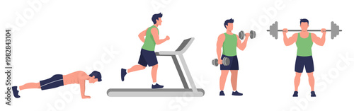 Male gym workout set with running push up dumbbell and barbell exercises flat illustration