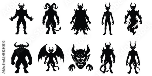 Demonic monster silhouettes set, 10 black devil creature icons, horned satanic beast character vectors for gaming and horror design