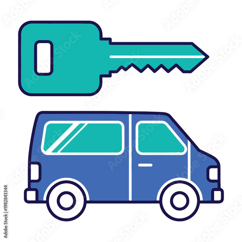 Blue Van with Key Icon for Car Rental Services and Automotive Security Solutions Concept Design