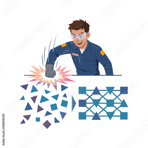 Man wearing gloves works on geometric patterns with spark