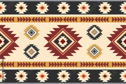 Southwestern ethnic pattern featuring geometric diamonds and borders. Traditional kilim style vector design in terracotta red and cream. Ideal for textile prints, rugs, and bohemian accessories.
