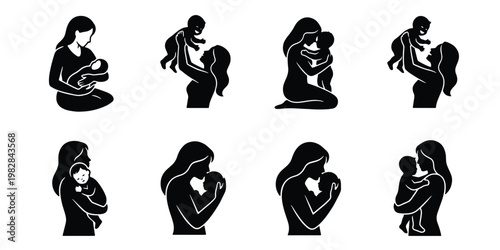 Mother and baby silhouette icons, set of 8 motherhood vector elements, maternal love and childcare symbols, black and white parenting graphics