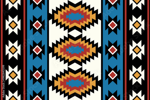 Southwestern ethnic pattern with geometric stripes and diamond shapes. Native American style textile vector design. Rustic tribal texture in blue, red, and yellow for home decor and fabric.