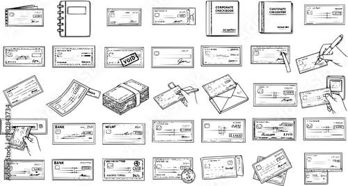 Hand-drawn collection of banking and financial transaction elements, featuring checks in various states, checkbooks, money, ATM deposits, and hands signing documents.